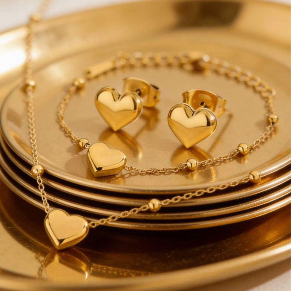 Set de Collar, Pulsera y Zarcillos de Corazón con Balines