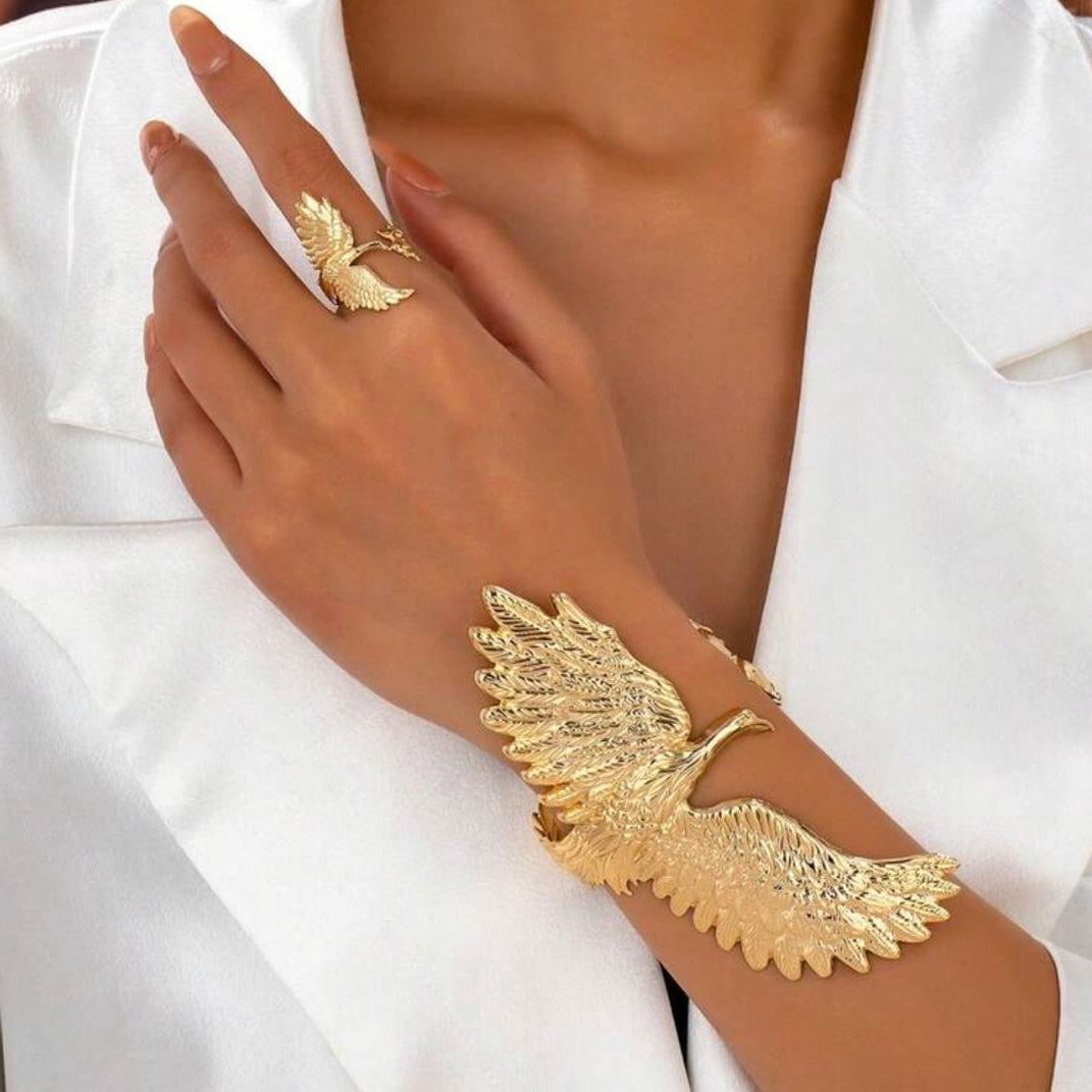 Set de Pulsera Tipo Brazalete y Anillo de Ave Fénix