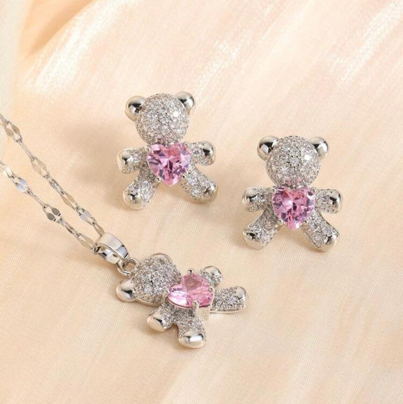 Set De Collar, Zarcillos Y Anillo De Ositos Con Diamantes y Corazón Rosa Plateado