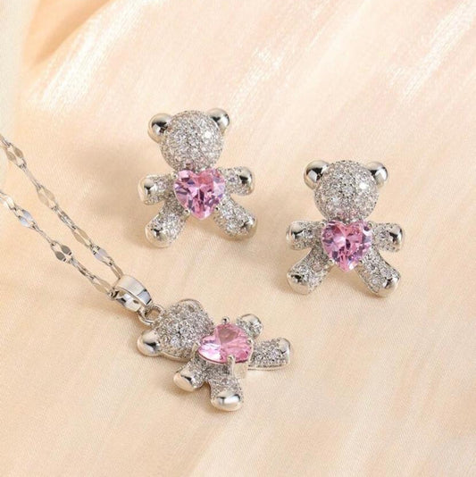 Set De Collar, Zarcillos Y Anillo De Ositos Con Diamantes y Corazón Rosa Plateado