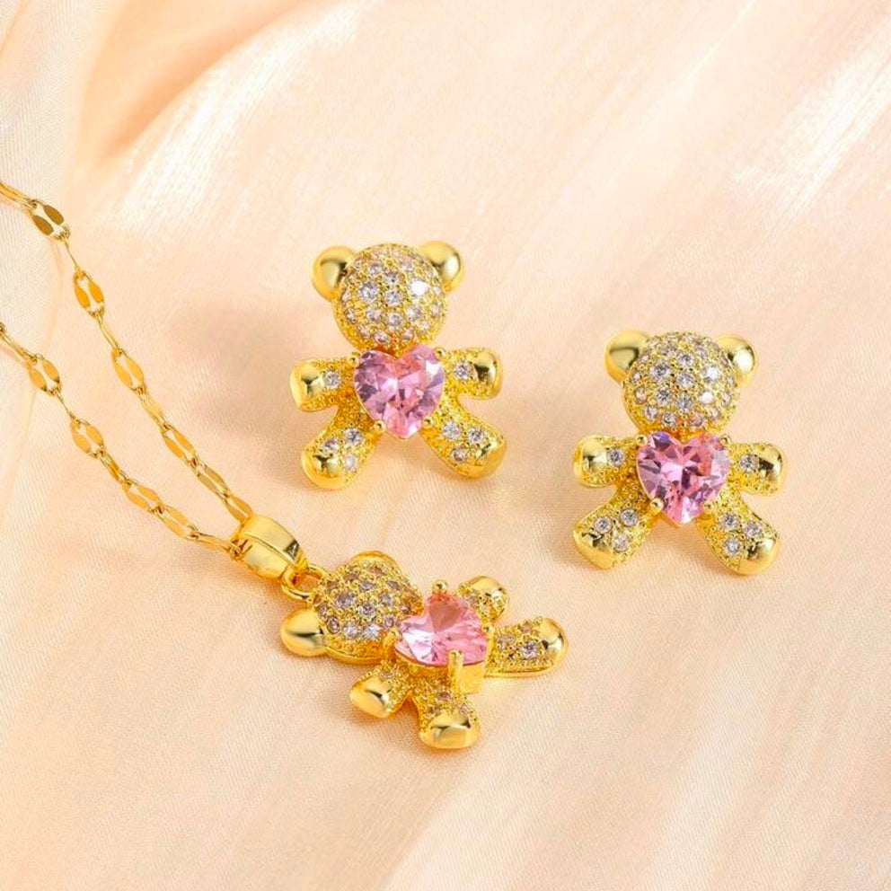 Set De Collar y Zarcillos De Ositos Con Diamantes y Corazón Rosa Dorado